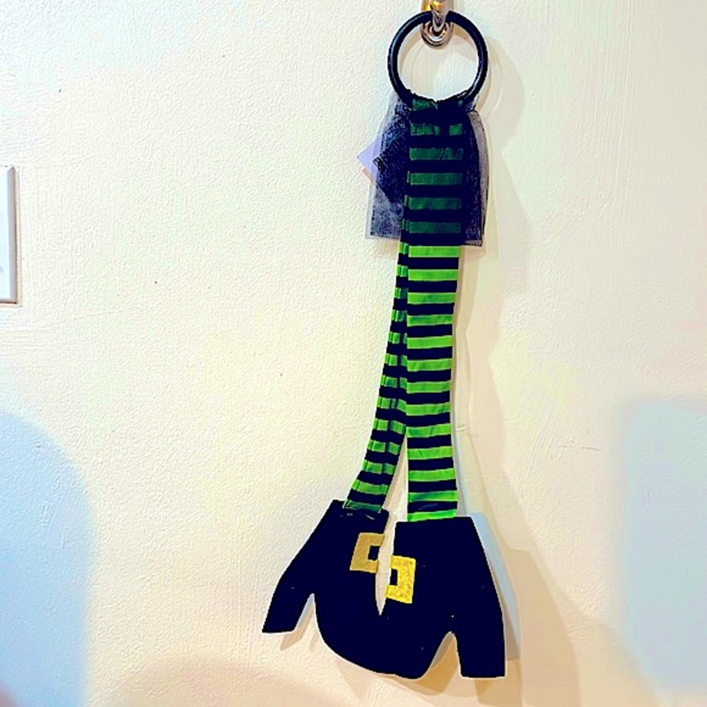 Spooky Green and Black Striped Witch Legs Feet Door Hanger Halloween Tulle Decor